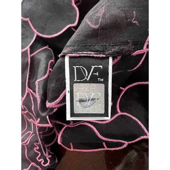 Diane von Furstenberg Sheer Silk Black & Pink Short Sleeve Size 4 Blouse Top - Picture 6 of 9